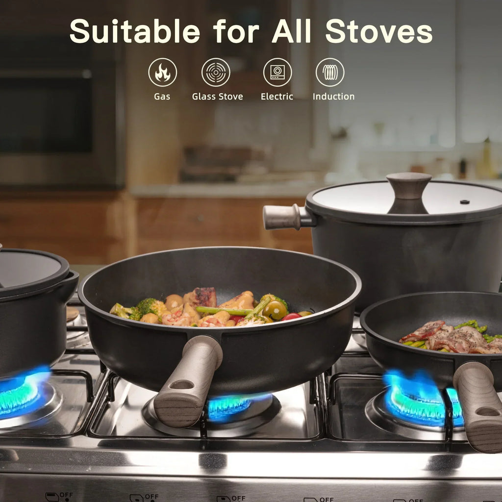 2026 NewAstercook 18-Piece Pots and Pans Set, Nonstick Cookware Set with Elegant Wooden Handle, Oven Safe to 480" F, Induction Compatible, Kitchen Cooking Set for RV Trips, Camping and Picnic, Black