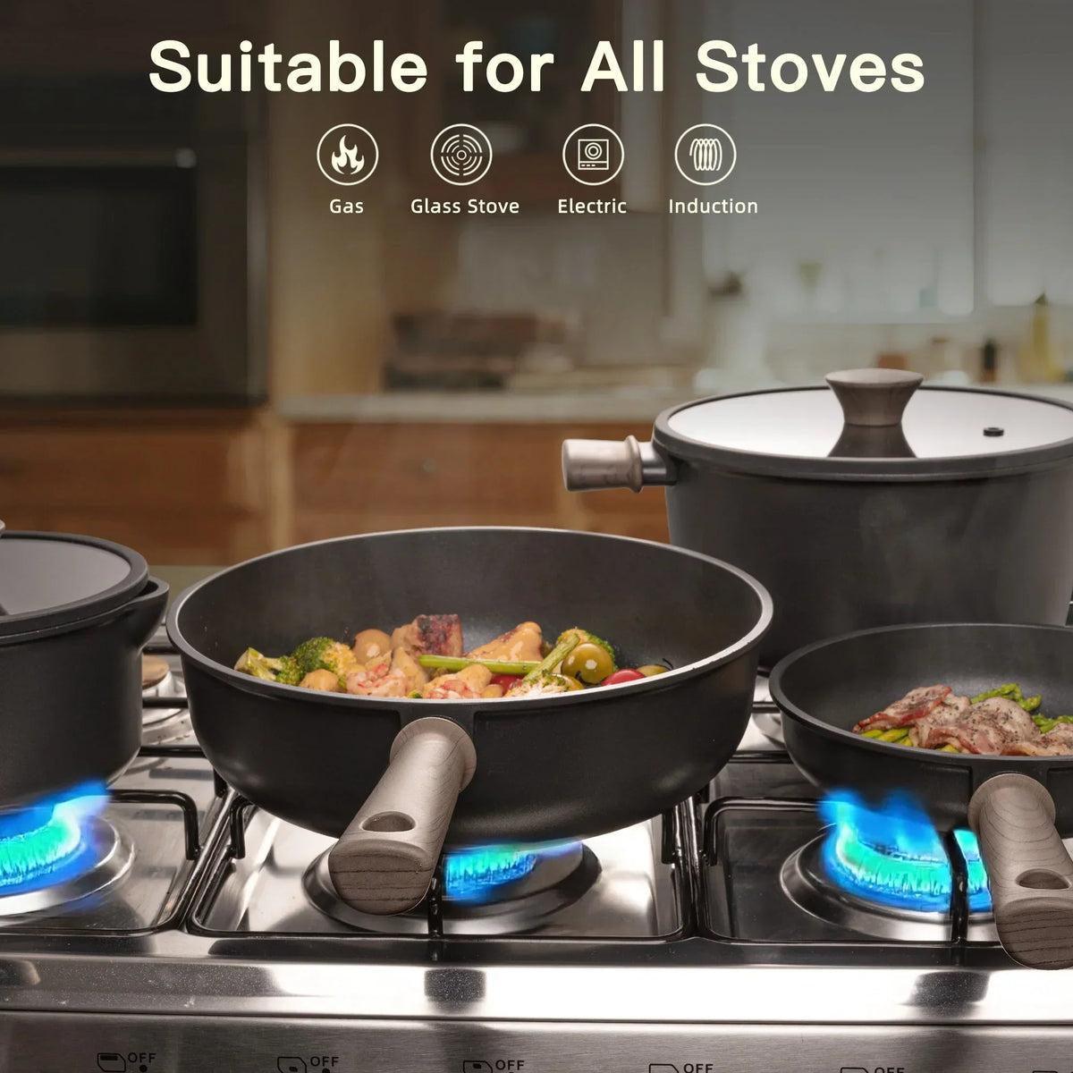 2026 NewAstercook 18-Piece Pots and Pans Set, Nonstick Cookware Set with Elegant Wooden Handle, Oven Safe to 480" F, Induction Compatible, Kitchen Cooking Set for RV Trips, Camping and Picnic, Black