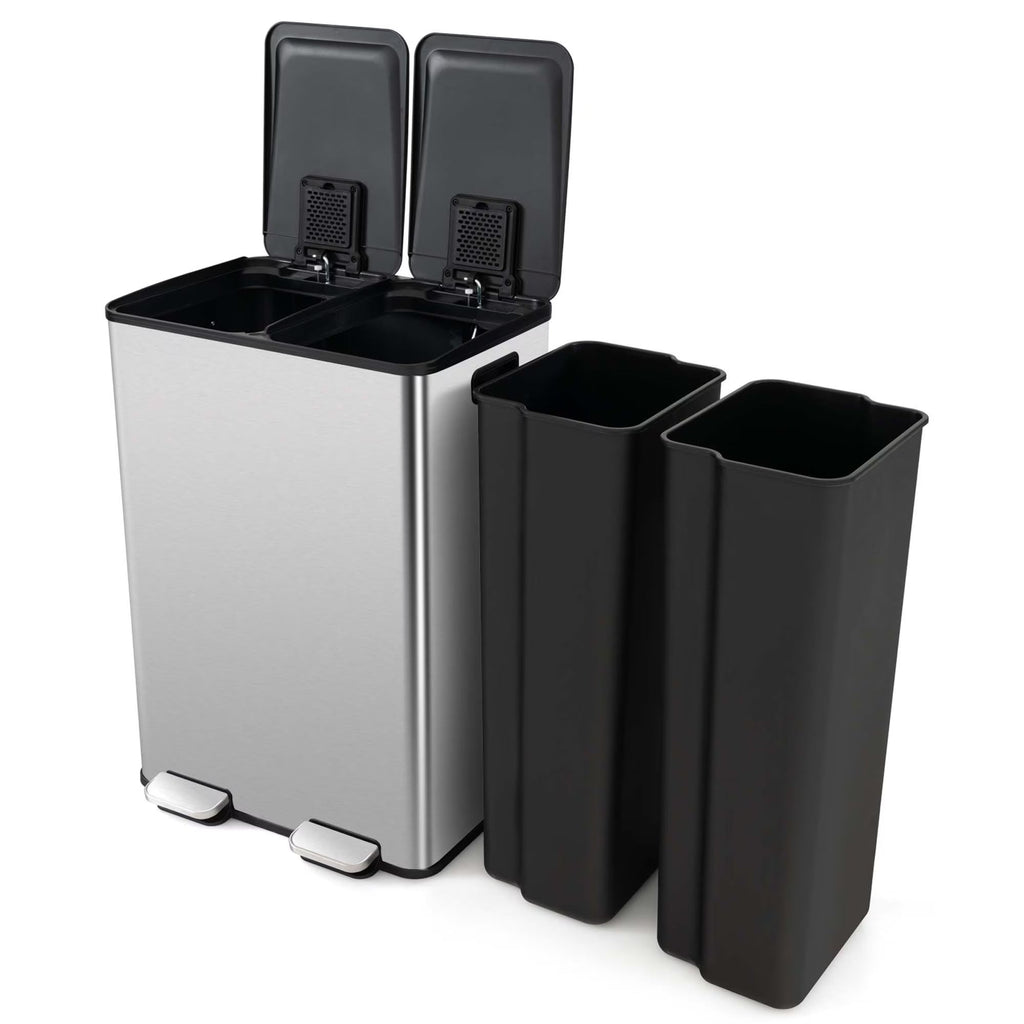 2026 NewCostway 16 Gallon Dual Step Trash Can Recycle Bin Stainless Steel Bucket Pedal Silver