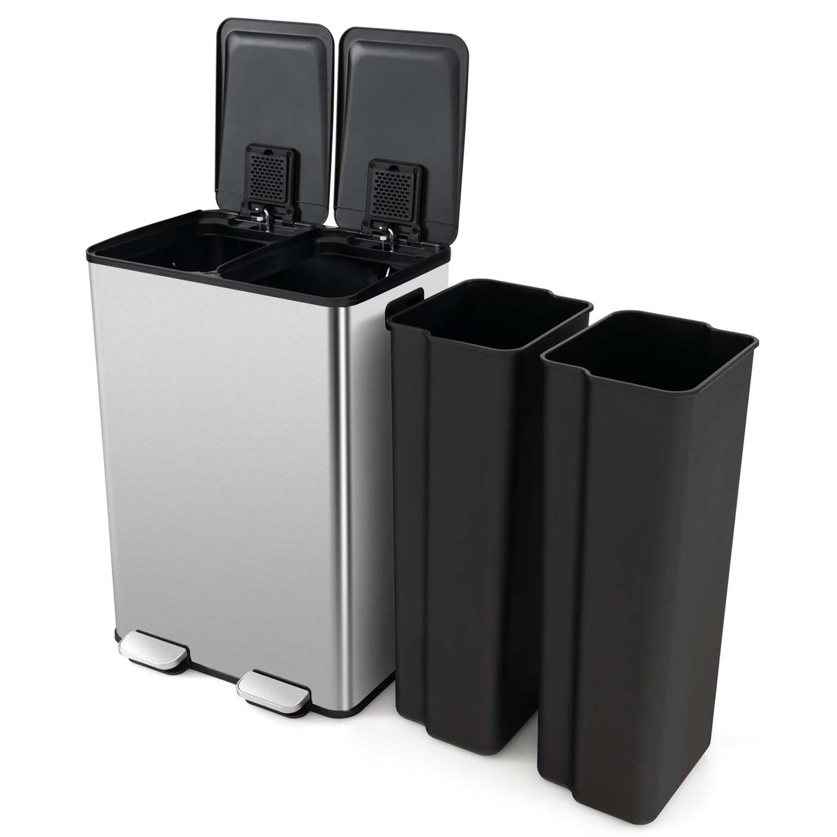 2026 NewCostway 16 Gallon Dual Step Trash Can Recycle Bin Stainless Steel Bucket Pedal Silver