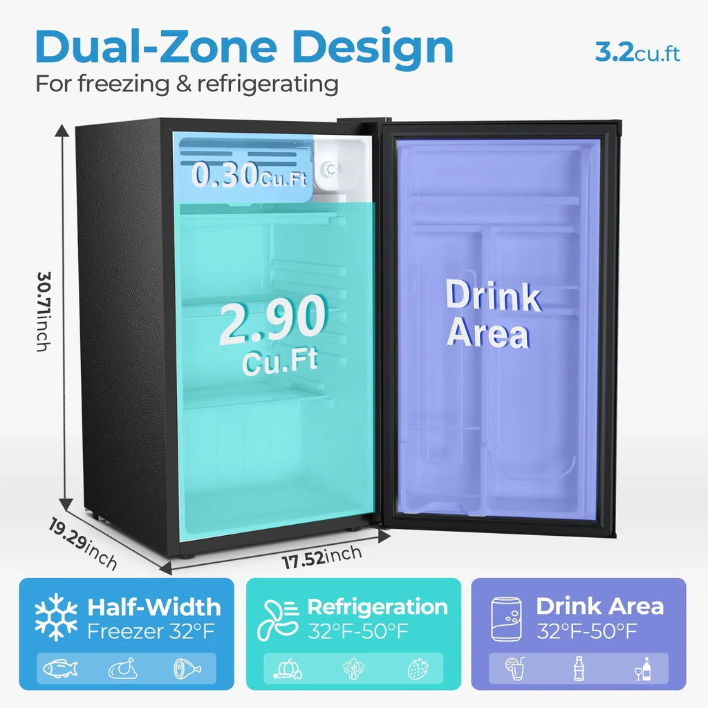 2026 NewWAA 3.2 Cu.ft Compact Mini Fridge with Freezer - Reversible Single Door,Adjustable Thermostat,Low Noise,Energy Efficient,Suitable for Office/Dorm/Bedroom/Apartment