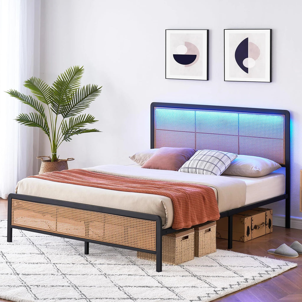2026 New Platform Bed Frame with Natural Rattan Headboard Modern Cane Bed Frames with Heavy Duty Sturdy Steel Slat Support No Box Spring Needed Easy Assembly