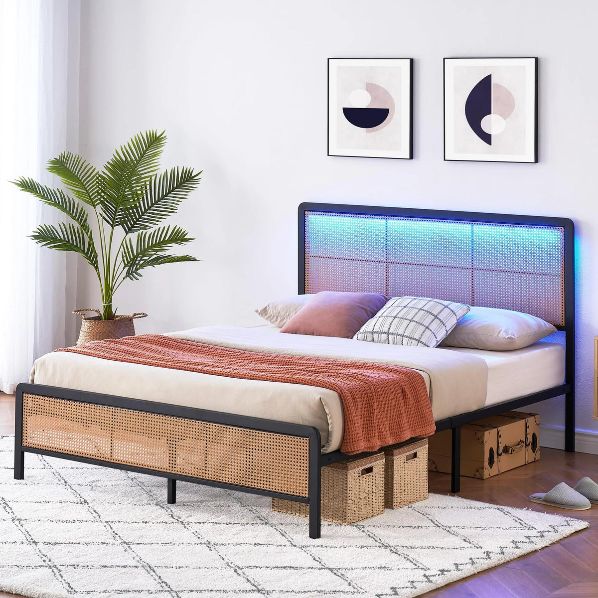 2026 New Platform Bed Frame with Natural Rattan Headboard Modern Cane Bed Frames with Heavy Duty Sturdy Steel Slat Support No Box Spring Needed Easy Assembly
