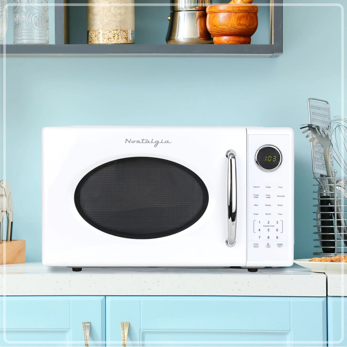 2026 NewNostalgia Retro Microwave Oven - 1.1 Cu Ft & 1000-Watt Countertop Size with Glass Turntable, Child Safety Lock, 8 Auto-Cook Programs & Digital Clock - Black