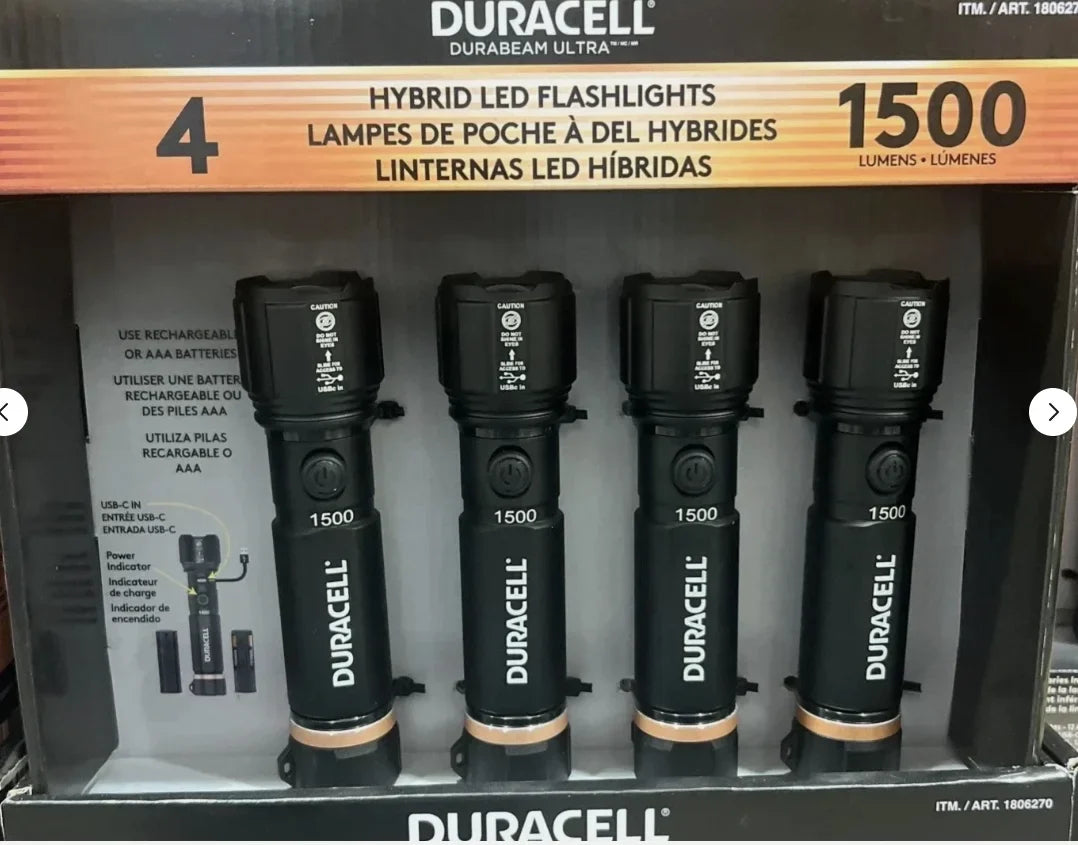 2026 NewDuracell Hybrid Flashlight, 1500 Lumens, 4-count