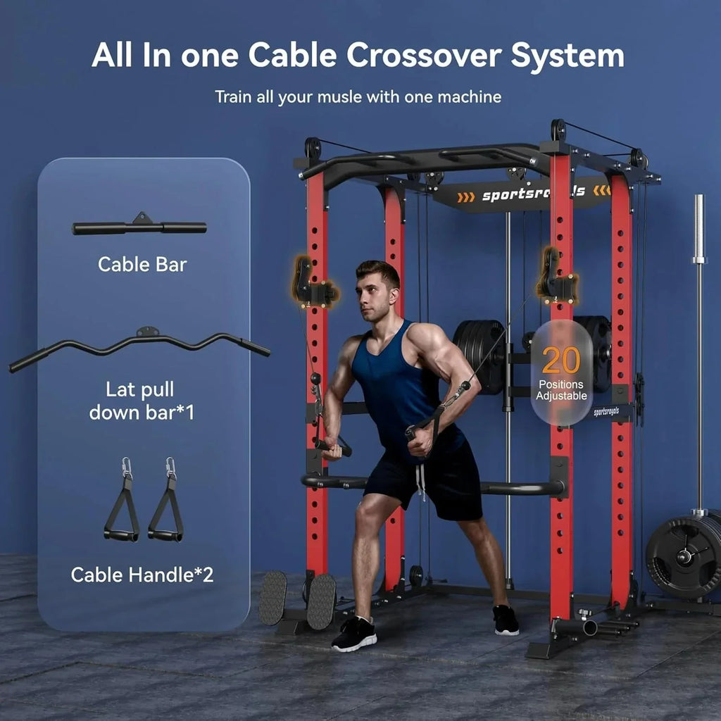 Sportsroyals Power Cage,1600lbs Multi-Function Power Rack with Adjustable Cable Crossover System and More Training Attachment, Weight Cage for Home Gym