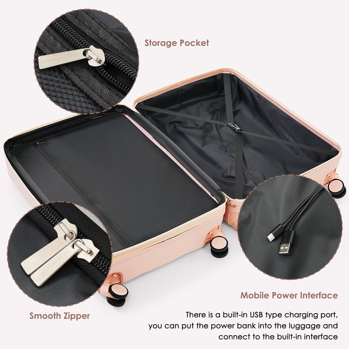 2026 New Luggage Set of 3, 20-inch with USB Port, Airline Certified Carry-on Luggage with Cup Holder, ABS Hard Shell Luggage with Spinner Wheels, white