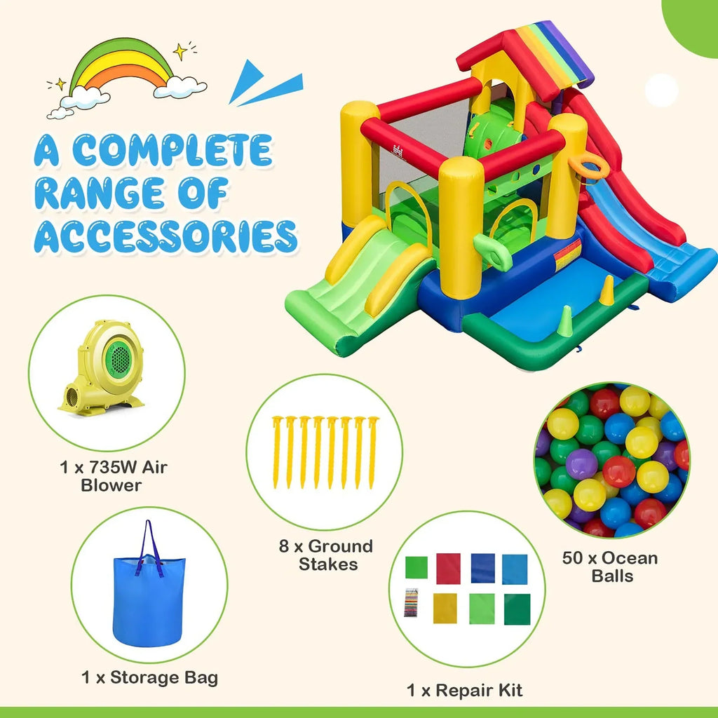 2026 NewCostway Colorful Rainbow Kids Inflatable Bounce Castle with 50 Ocean Balls & 735W Blower