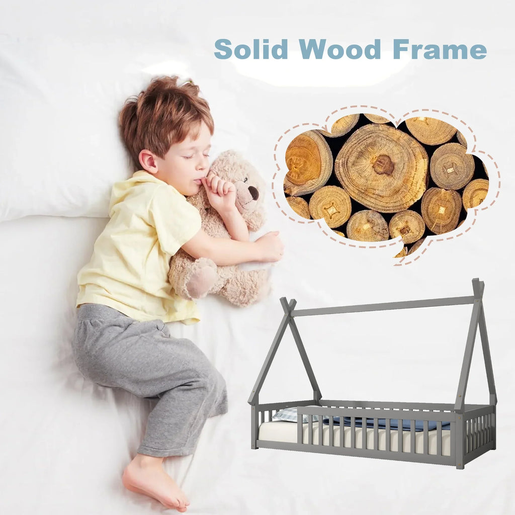 2026 New Full Size House Floor Bed, Wood Montessori Bed Frame with Fence Guardrails, House Beds Frame No Box Spring Needed-Full, Gray)