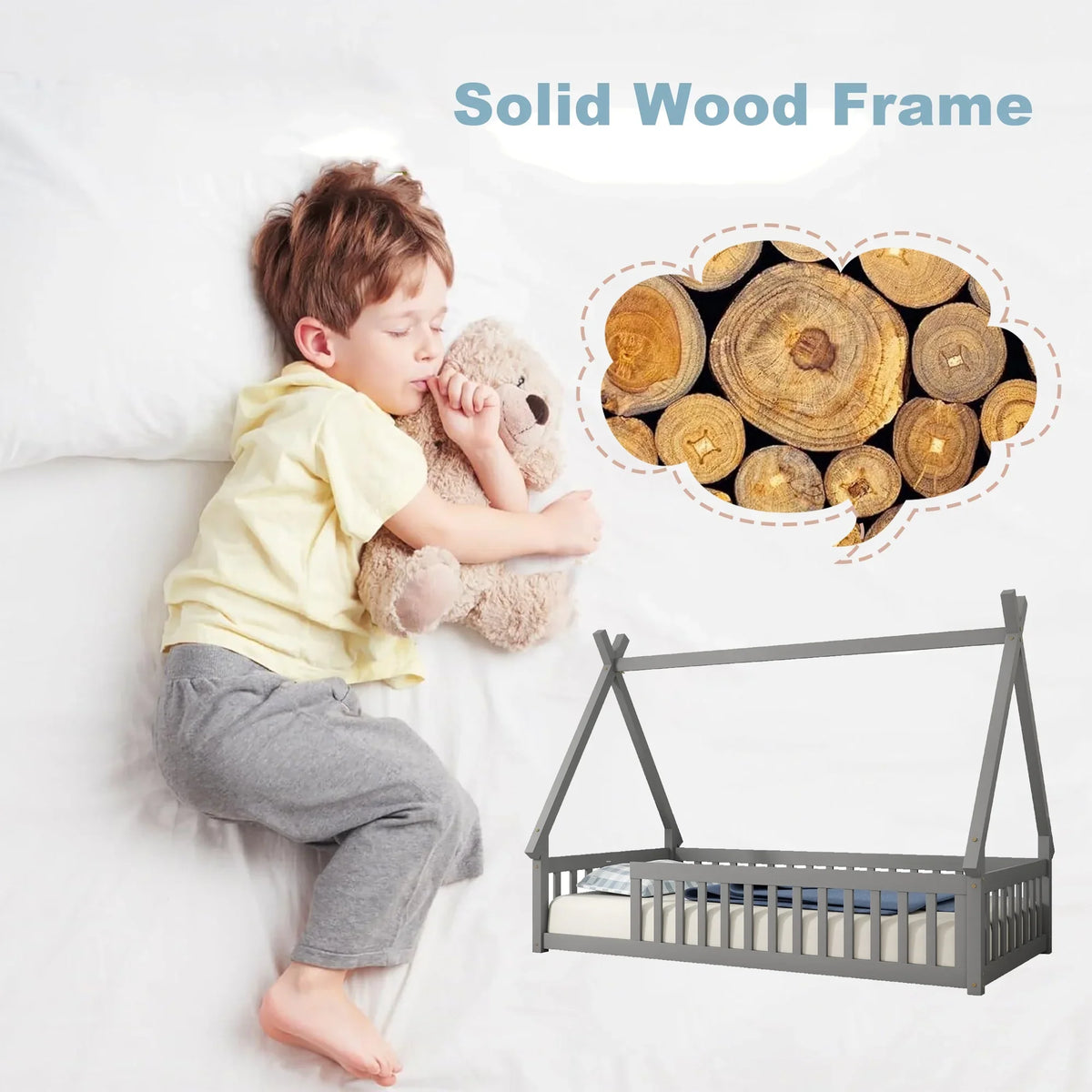 2026 New Full Size House Floor Bed, Wood Montessori Bed Frame with Fence Guardrails, House Beds Frame No Box Spring Needed-Full, Gray)