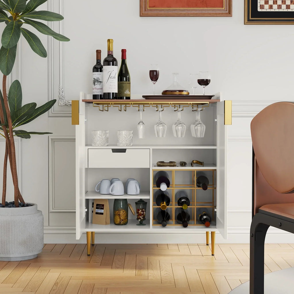2026 NewCBJCBJ 32" Wine Bar Cabinet with 2 Door Fluted Texture, Modern Coffee Cabinet with Rack&Glass Holder, Black