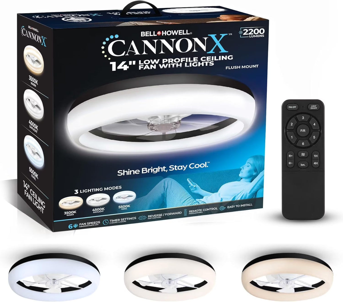 2026 NewCannonX 14" Low Profile Ceiling Fans with Lights and Remote, Modern Fandelier Ceiling Fan with Light, 6 Speeds, 3 Lighting Modes 3500K-5500K, Flush Mount for Bedroom, LED 2200 Lumens