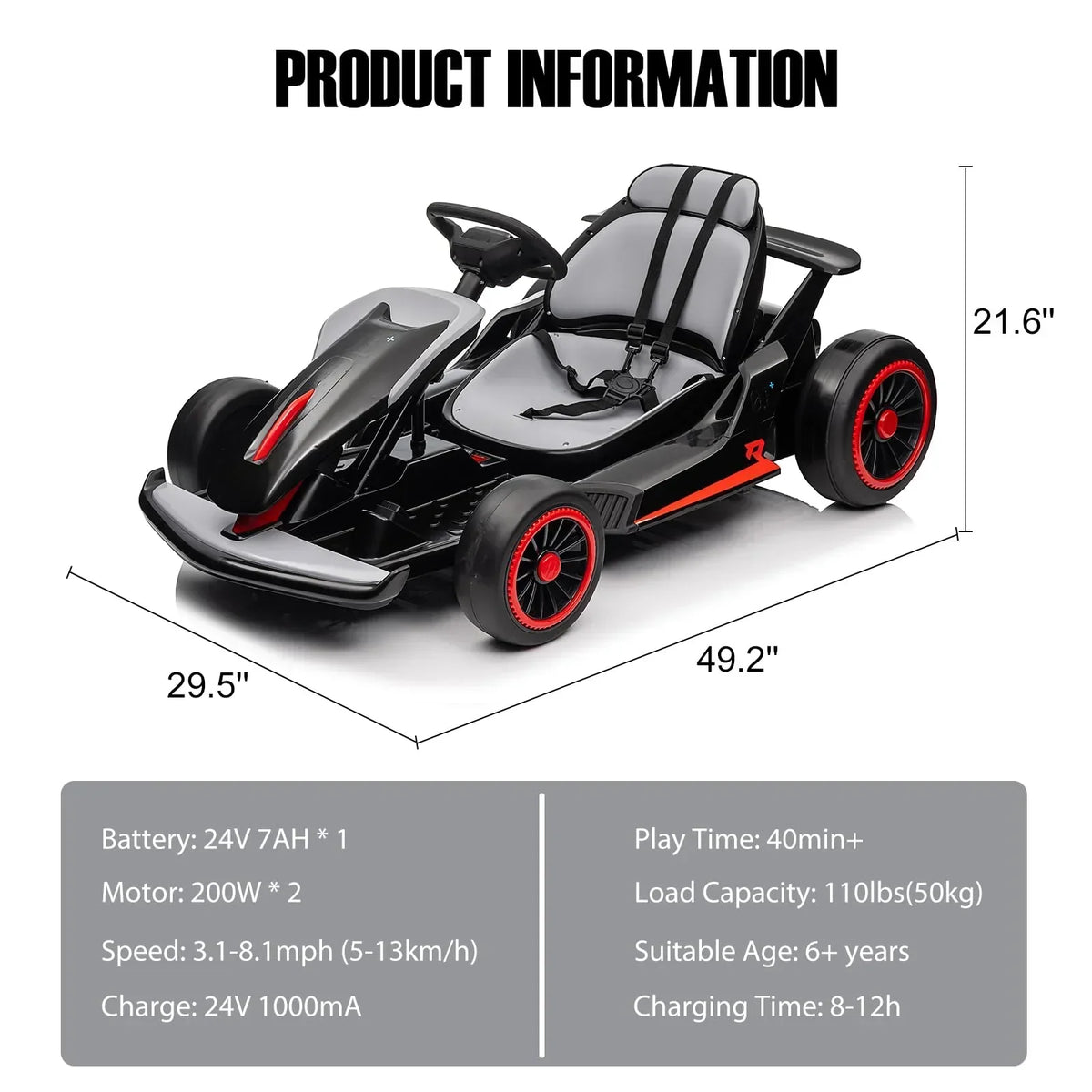 2026 New24V Drift Kart with 2X150W Strong Motor, 7AH Big Battery, Electric Pedals, Electric Go Kart Outdoor Race Toy