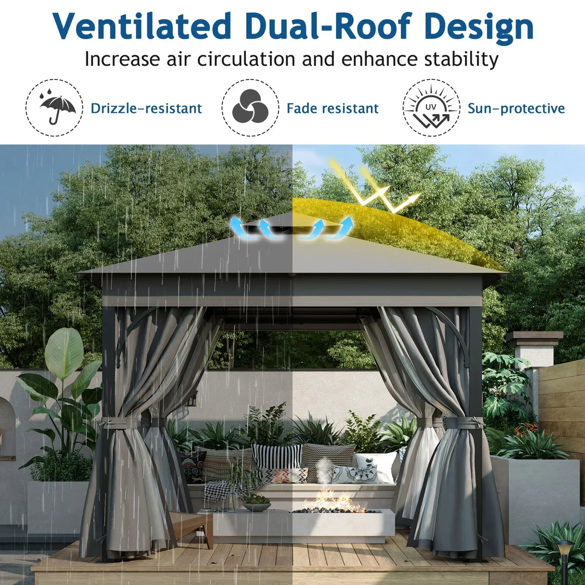 2026 New10'x10' Outdoor Gazebo,Patio Gazebo with Mosquito Netting and Privacy Screens for Backyard, Garden, Lawn and Deck,Grey