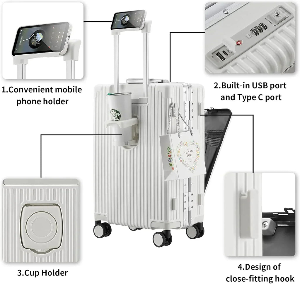 2026 NewCarry-On Luggage with USB Charging Port, Front Compartment, TSA Lock, Airline Approved Carry On Hardside Suitcase with Spinner Wheels (Grey, 20inch)