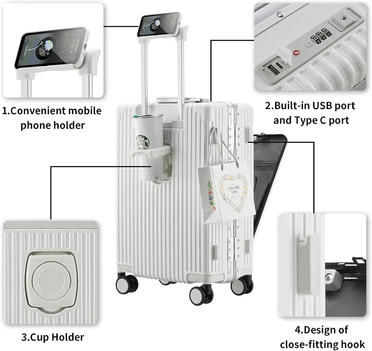 2026 NewCarry-On Luggage with USB Charging Port, Front Compartment, TSA Lock, Airline Approved Carry On Hardside Suitcase with Spinner Wheels (Grey, 20inch)