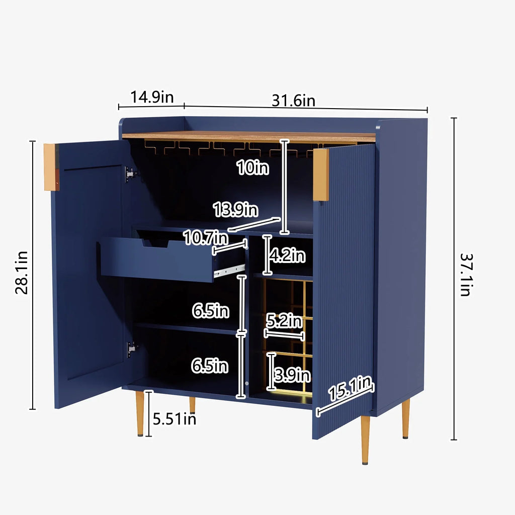 2026 NewCBJCBJ 32" Wine Bar Cabinet with 2 Door Fluted Texture, Modern Coffee Cabinet with Rack&Glass Holder, Black