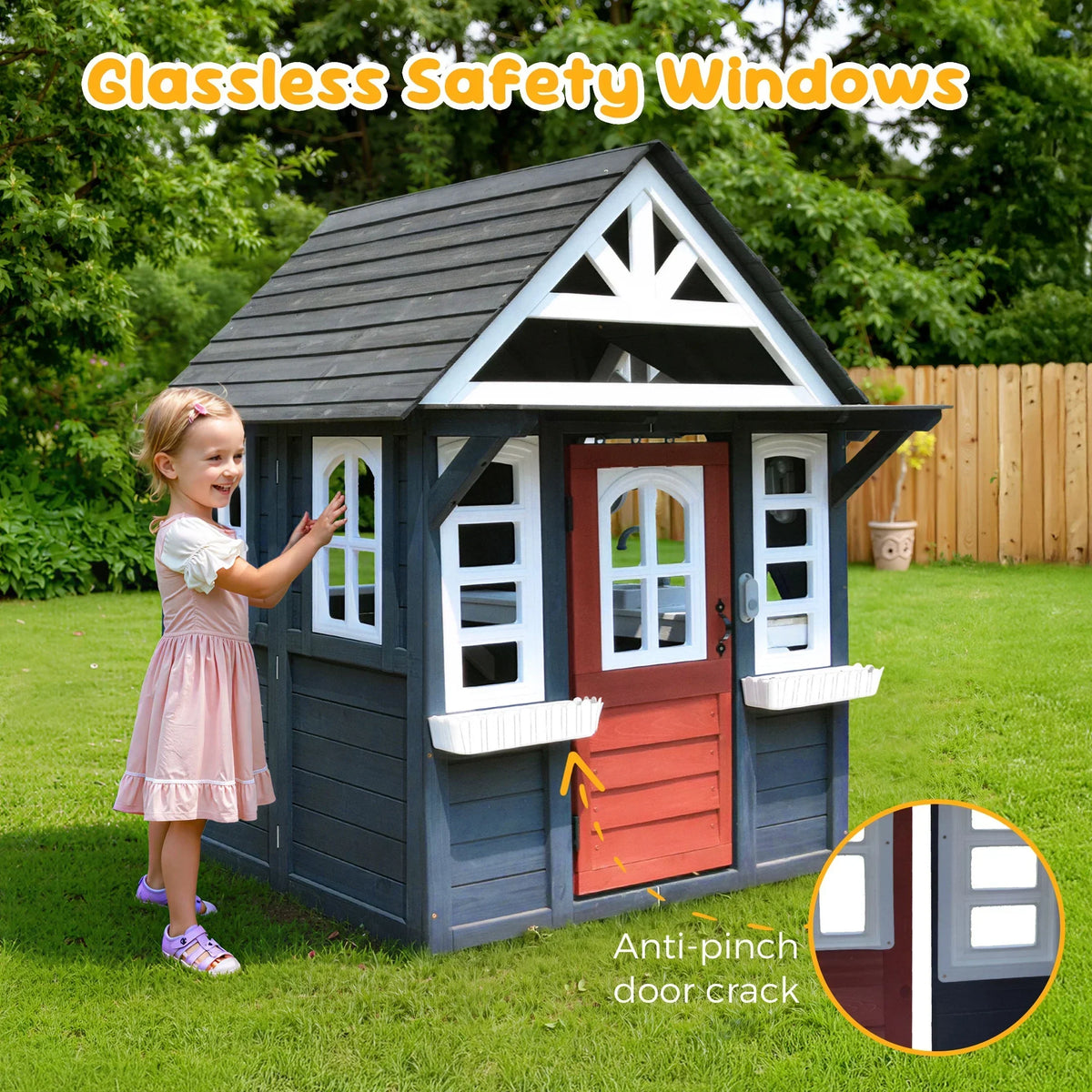 2026 NewCOCLUB Outdoor Playhouse for Kids Ages 4-8, Wooden Play House with Doorbell, Phone, Kitchen Toys, Outdoor Kids Play Equipment, Casa Para Niñas (45”L x 65”H), White & Black