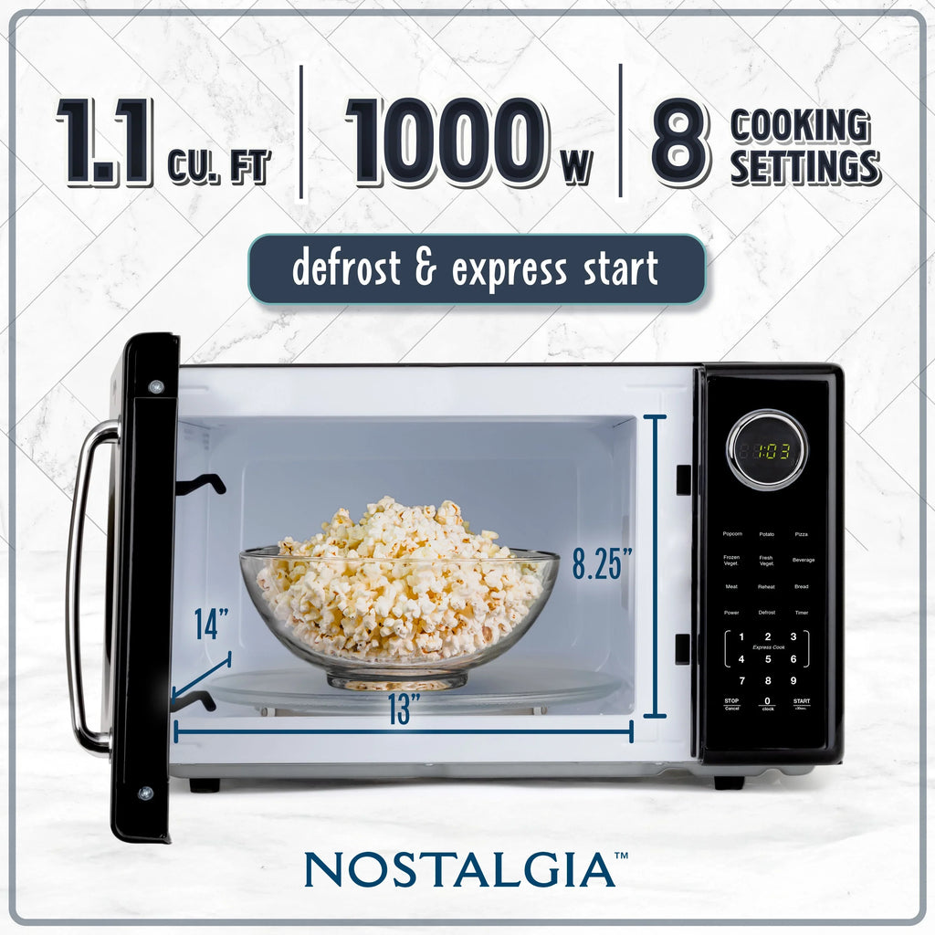 2026 NewNostalgia Retro Microwave Oven - 1.1 Cu Ft & 1000-Watt Countertop Size with Glass Turntable, Child Safety Lock, 8 Auto-Cook Programs & Digital Clock - Black
