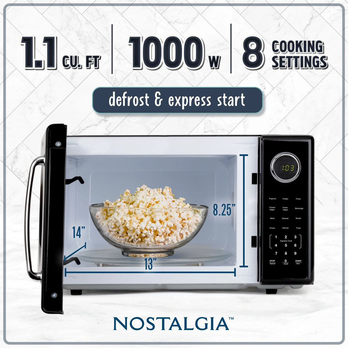 2026 NewNostalgia Retro Microwave Oven - 1.1 Cu Ft & 1000-Watt Countertop Size with Glass Turntable, Child Safety Lock, 8 Auto-Cook Programs & Digital Clock - Black