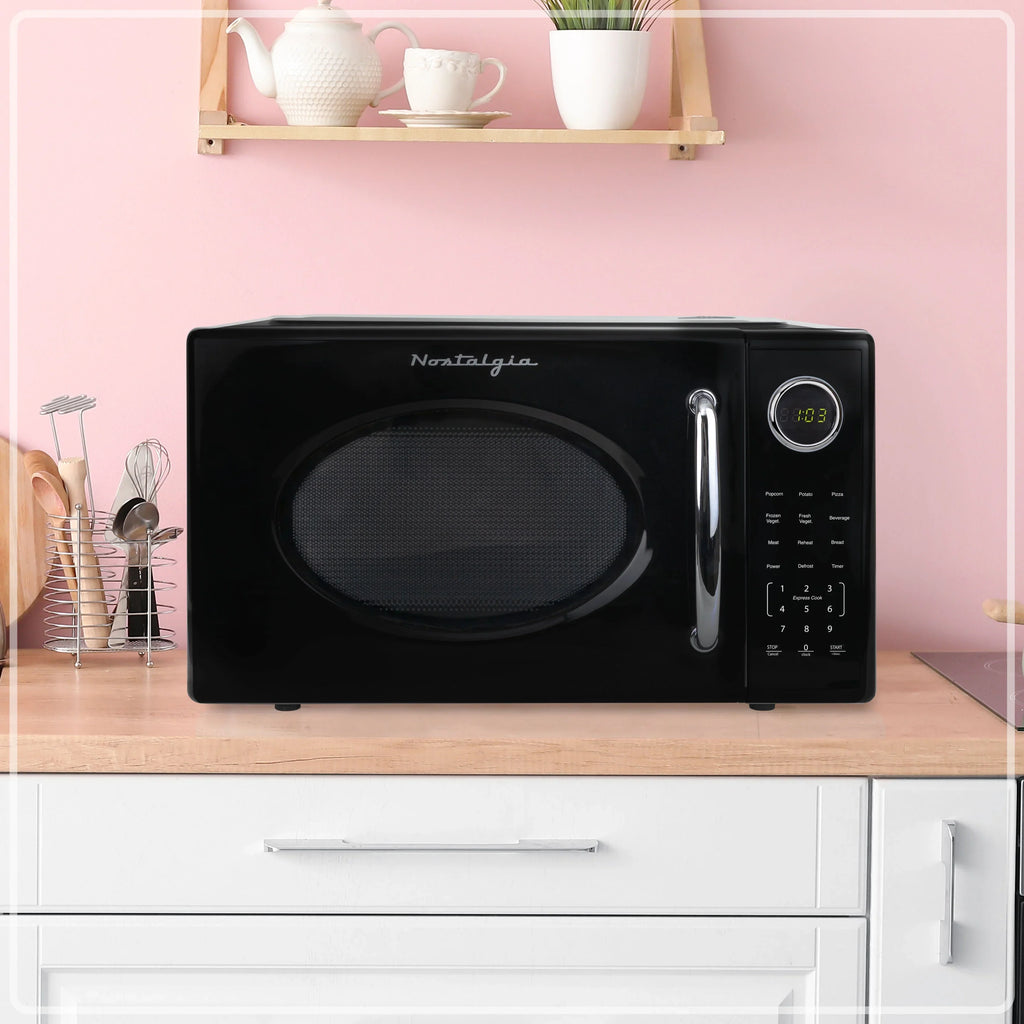 2026 NewNostalgia Retro Microwave Oven - 1.1 Cu Ft & 1000-Watt Countertop Size with Glass Turntable, Child Safety Lock, 8 Auto-Cook Programs & Digital Clock - Black