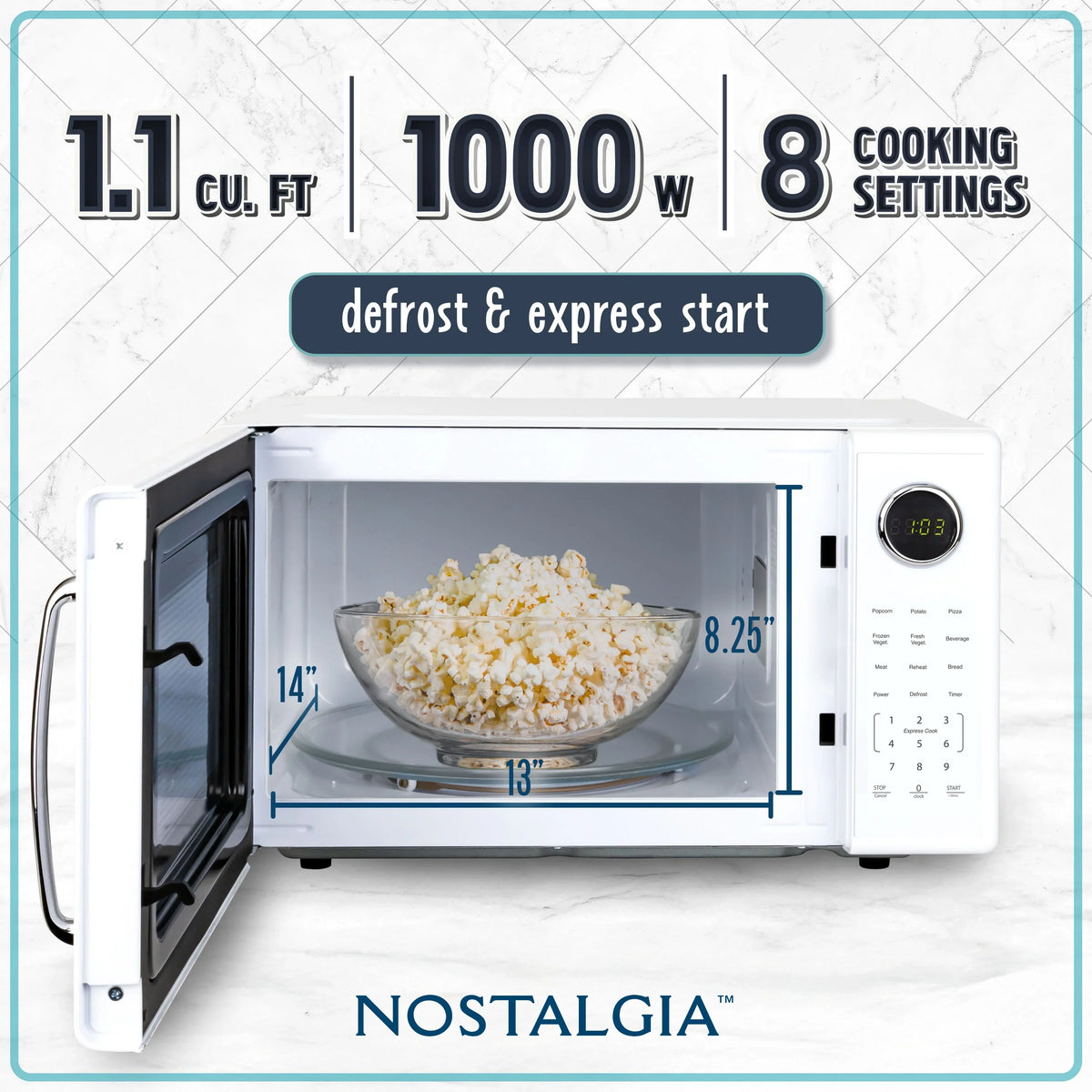 2026 NewNostalgia Retro Microwave Oven - 1.1 Cu Ft & 1000-Watt Countertop Size with Glass Turntable, Child Safety Lock, 8 Auto-Cook Programs & Digital Clock - Black
