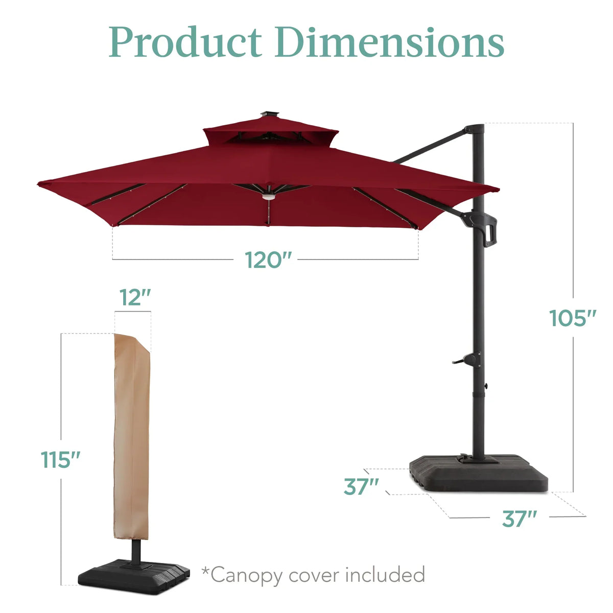 2026 NewBest Choice Products 10x10ft 2-Tier Square Outdoor Solar LED Cantilever Patio Umbrella w/ Base Included - Tan