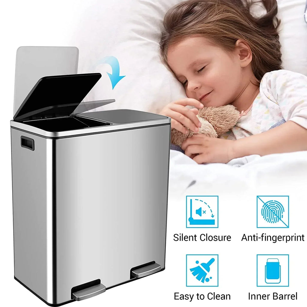 2026 NewArlopu 60 L/16 gal Dual Trash Can, Stainless Steel Garbage Can for Kitchen, Recycle Bin with Lid