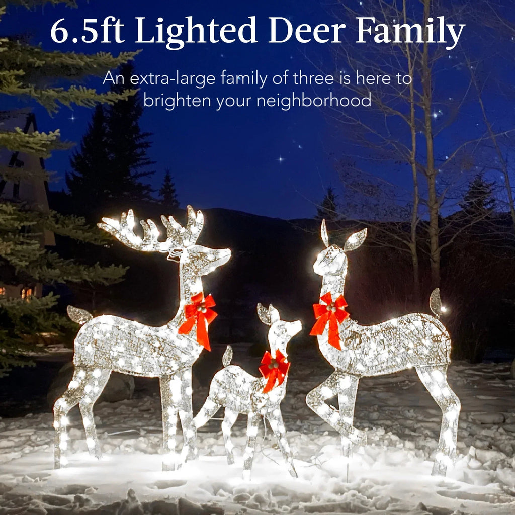 2026 NewBest Choice Products 6.5ft 3-Piece Lighted Christmas Deer Set Outdoor Yard Decoration w/ 385 LED Lights, Stakes - Gold