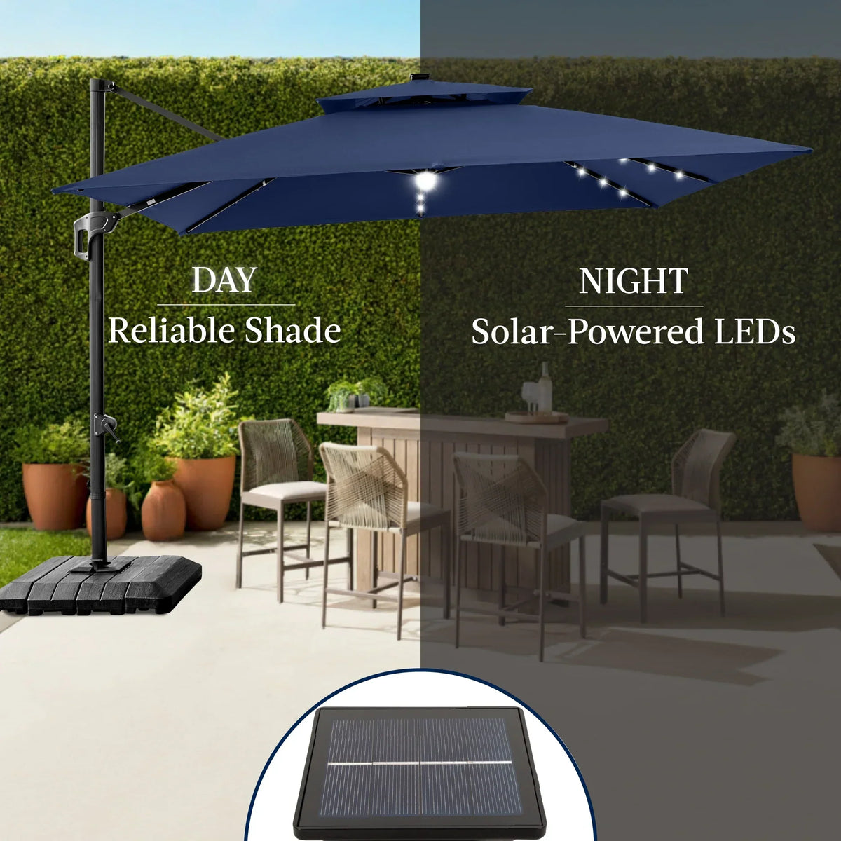 2026 NewBest Choice Products 12x12ft 2-Tier Square Outdoor Solar LED Cantilever Umbrella w/ 360-Rotating Base Navy Blue