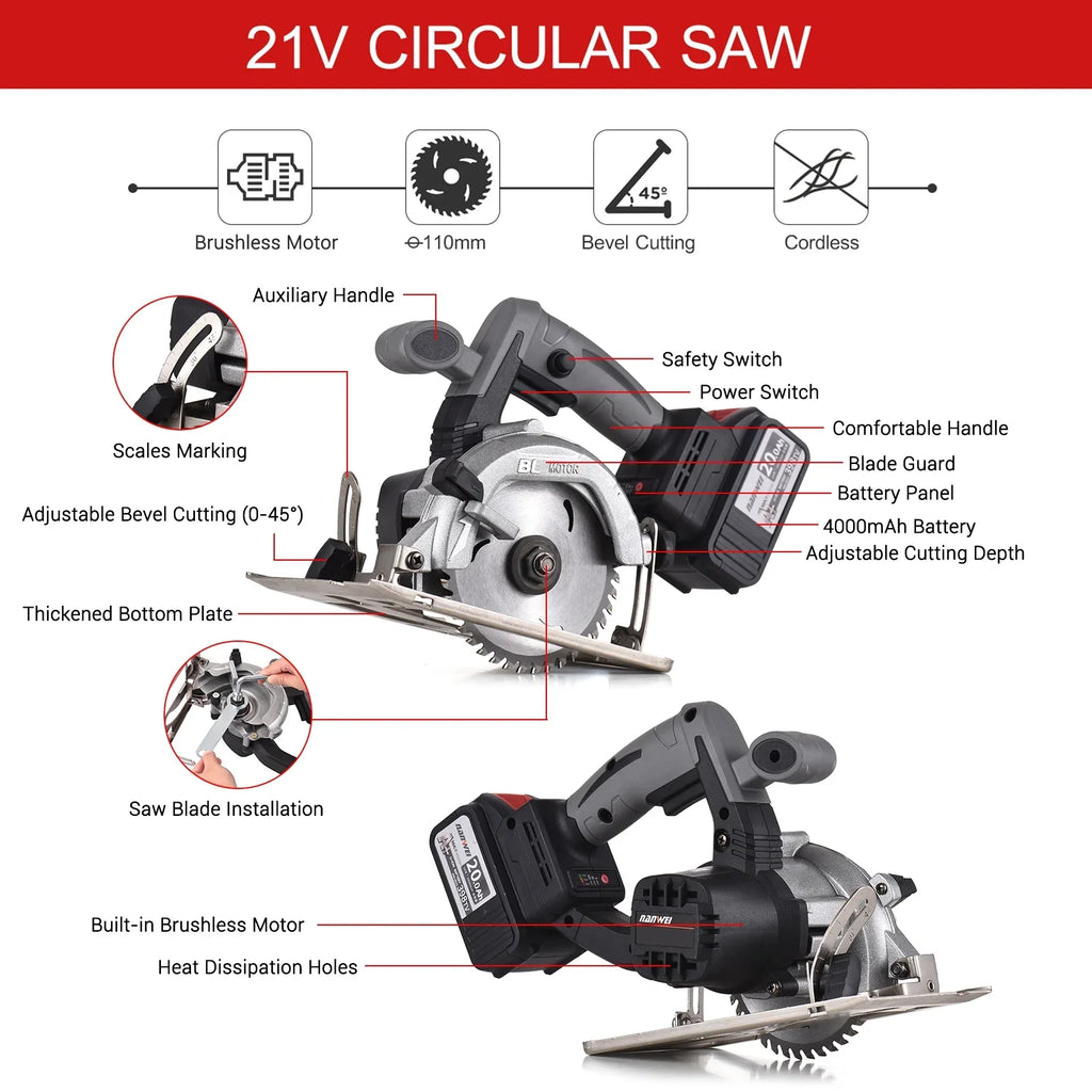 2026 NewNANWEI Circular Saw Electric Saw 21V 7800RPM Cordless Brushless Tile Saw 45 Degree Adjustable Bevel Cutting with 110mm Blade