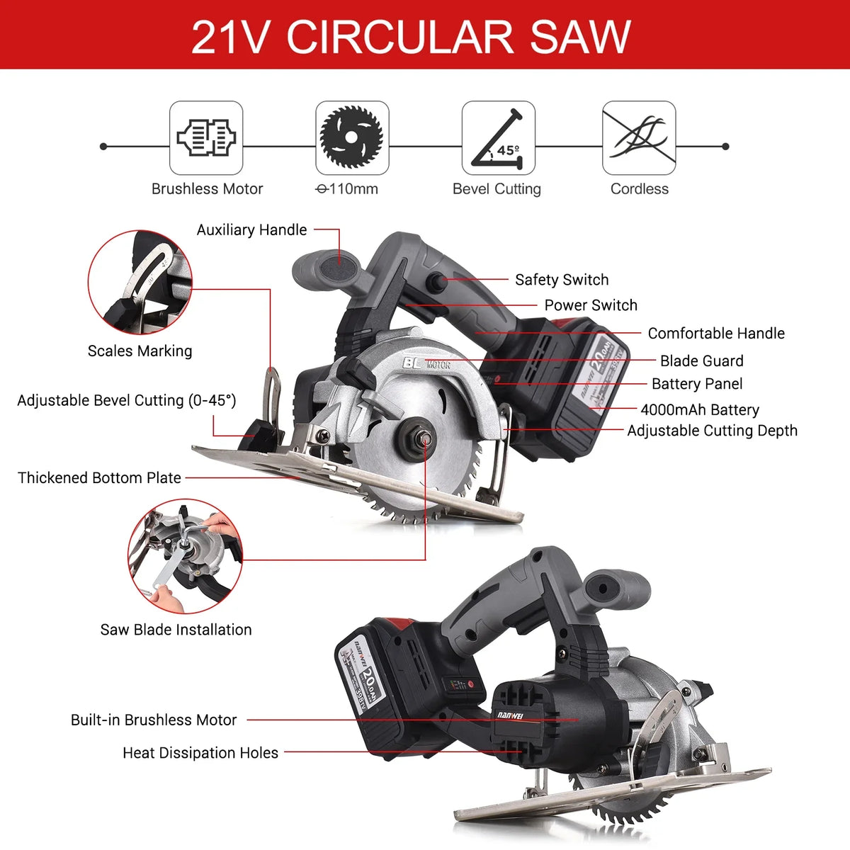 2026 NewNANWEI Circular Saw Electric Saw 21V 7800RPM Cordless Brushless Tile Saw 45 Degree Adjustable Bevel Cutting with 110mm Blade