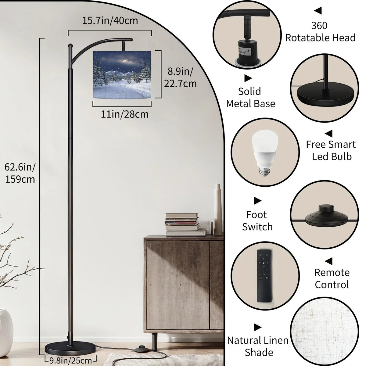 2026 New Arc Floor Lamp, 3 Color Temperatures Modern Floor Lamps Fall Autumn Maple Tree Forest Adjustable Tall Standing Reading Lamp with Linen Texture Shade