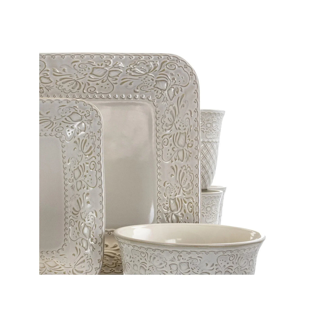 2026 NewElama Ivory Lotus 16 Piece Square Dinnerware Set