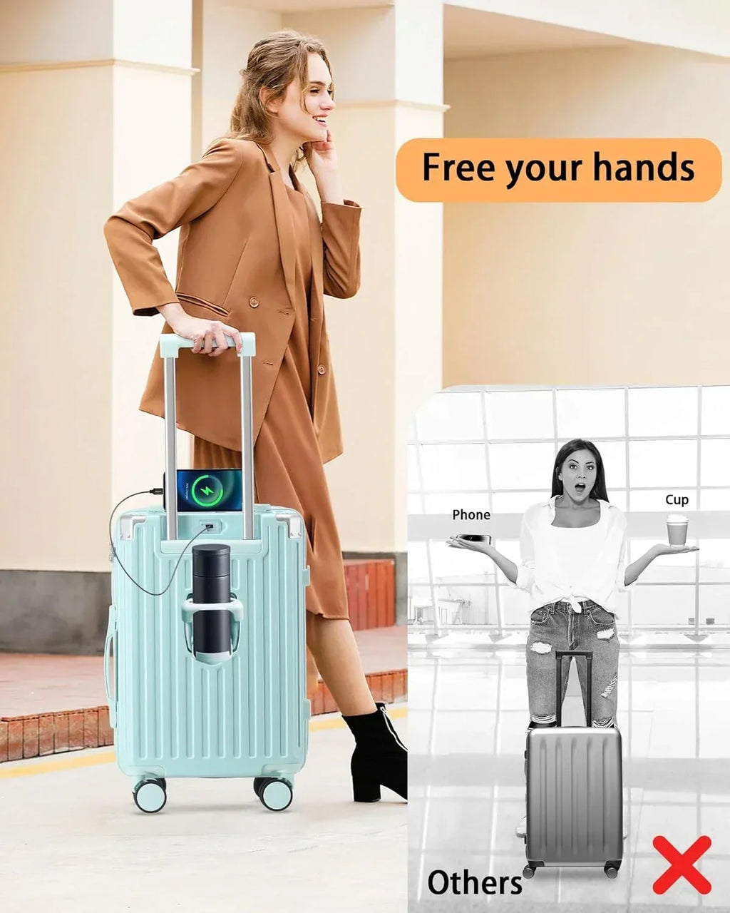 2026 New20 Inch Carry On Luggage With Cup Holder & USB Port, Airline Approved TSA-locked Luggage, Lightweight PC Material Travel Suitcase With 360" Spinner Wheel