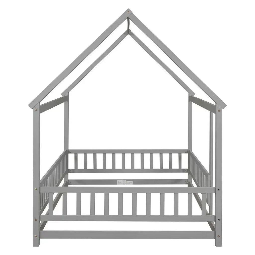 2026 New Full Size House Floor Bed, Wood Montessori Bed Frame with Fence Guardrails, House Beds Frame No Box Spring Needed-Full, Gray)