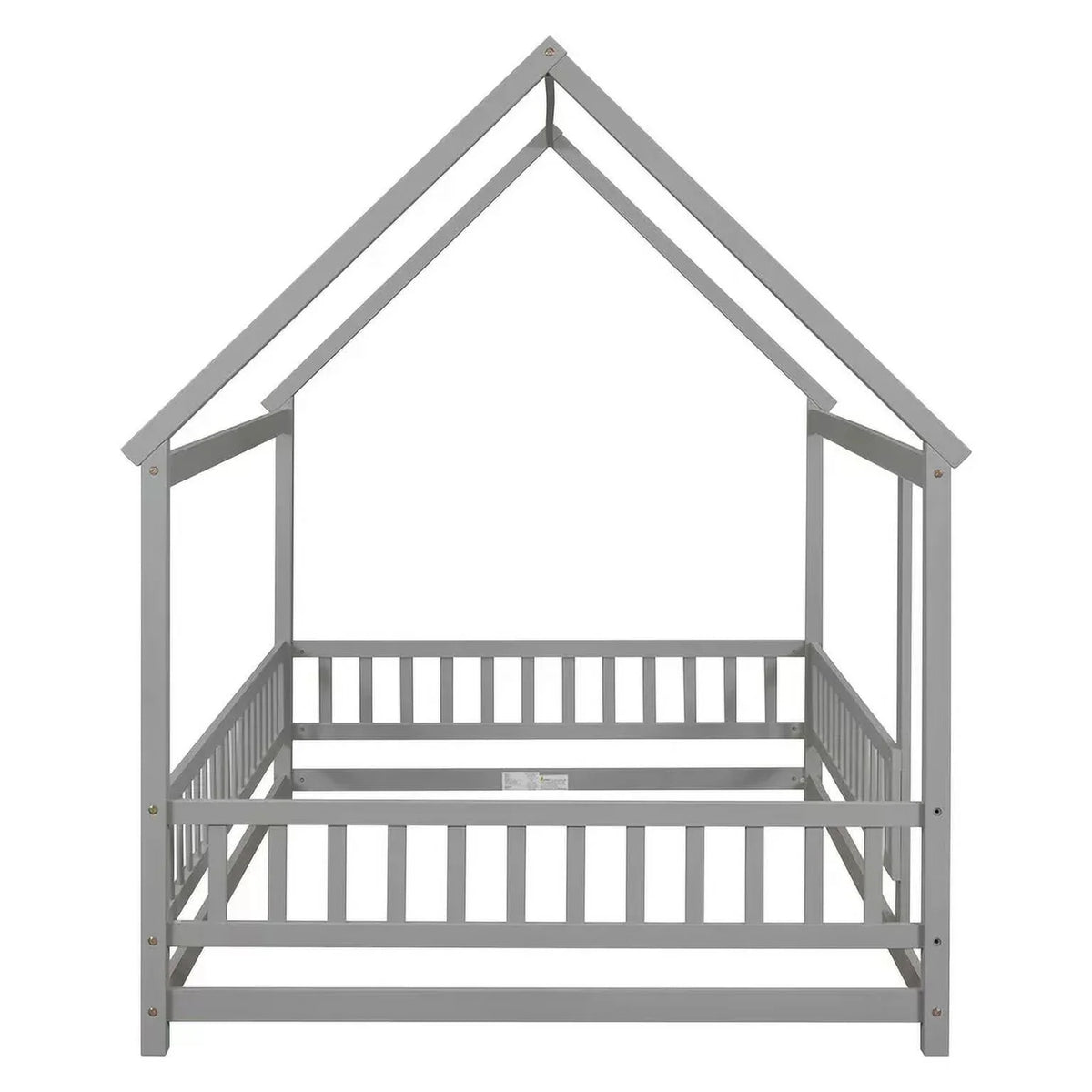 2026 New Full Size House Floor Bed, Wood Montessori Bed Frame with Fence Guardrails, House Beds Frame No Box Spring Needed-Full, Gray)