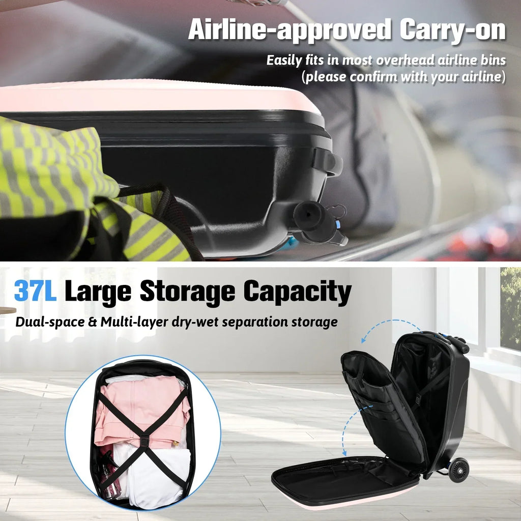 2026 NewAdvwin Scooter Luggage for Kids & Adults, Hardside Ride on Suitcase for Kids Ages 4-15 Multifunctional Lightweight Foldable Carry on Luggage with Wheels Ride on for Children Teenagers, Pink