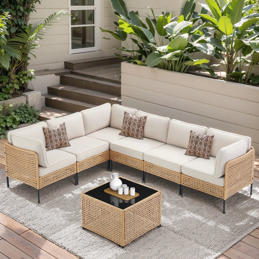 2026 NewPPorfamilia Outdoor Modular Sectional Furniture Set, 7 Piece Natural PE Rattan Sofa Set with 2 Corner Chairs, 4 Middle Chairs, Side Table