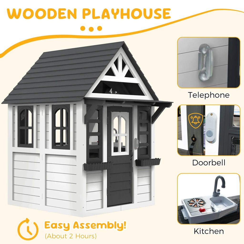 2026 NewCOCLUB Outdoor Playhouse for Kids Ages 4-8, Wooden Play House with Doorbell, Phone, Kitchen Toys, Outdoor Kids Play Equipment, Casa Para Niñas (45”L x 65”H), White & Black