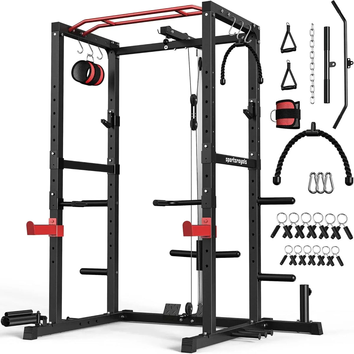 Sportsroyals Power Cage,1600lbs Multi-Function Power Rack with Adjustable Cable Crossover System and More Training Attachment, Weight Cage for Home Gym