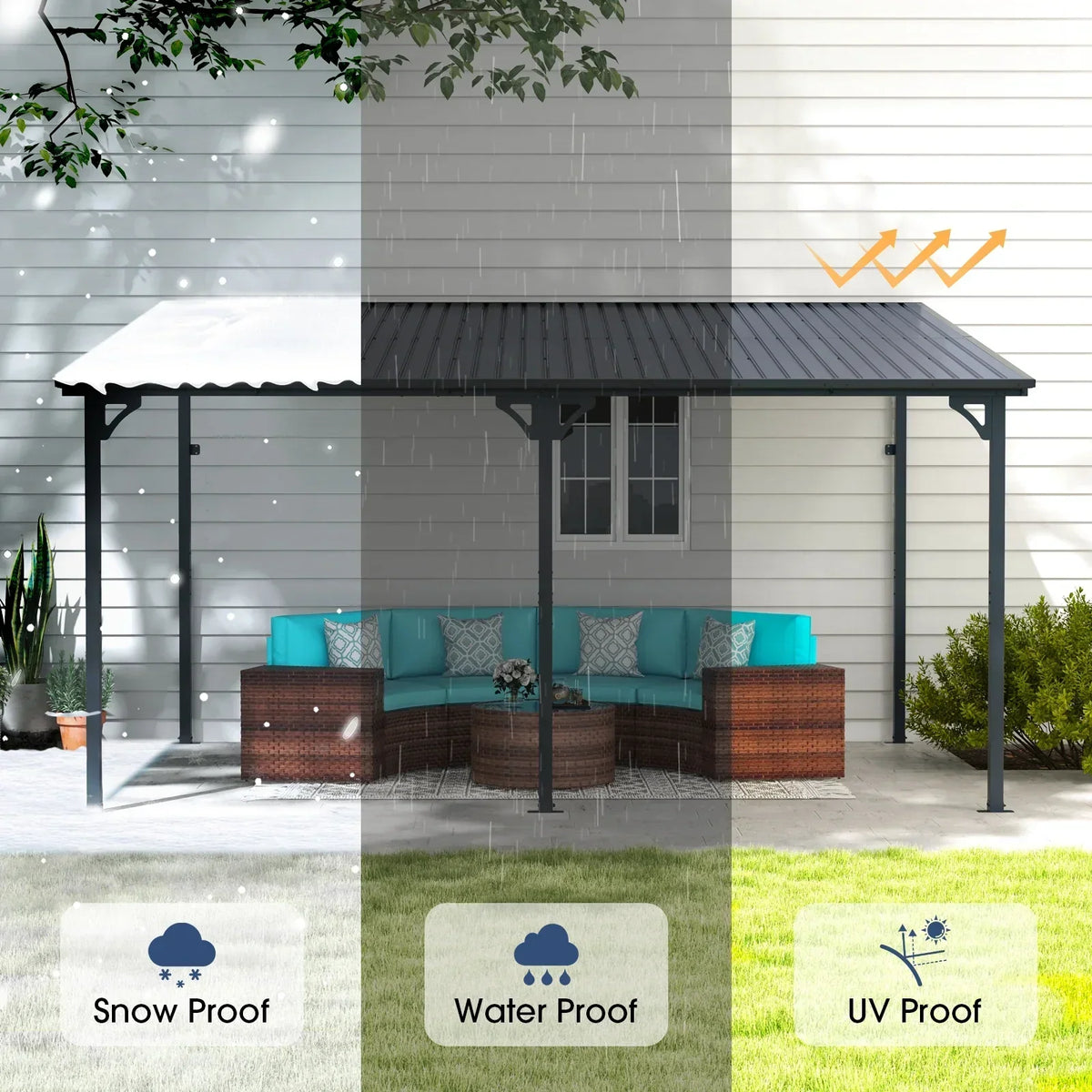 2026 New8' x 10' Outdoor Pergola Gazebo, Lean to Awnings Gazebos, Heavy Duty Hard Top Metal Pergola with Roof, for Patio, Backyard, Decks, Poolside