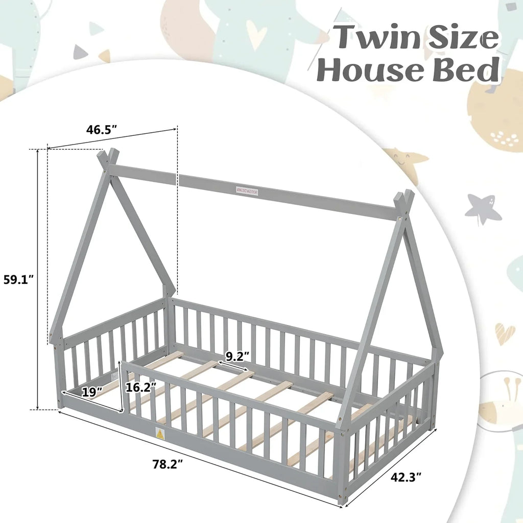 2026 New Full Size House Floor Bed, Wood Montessori Bed Frame with Fence Guardrails, House Beds Frame No Box Spring Needed-Full, Gray)