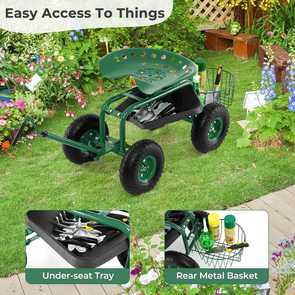 2026 NewCostway Garden Cart Rolling Work Seat for Planting with Extendable Handle Green