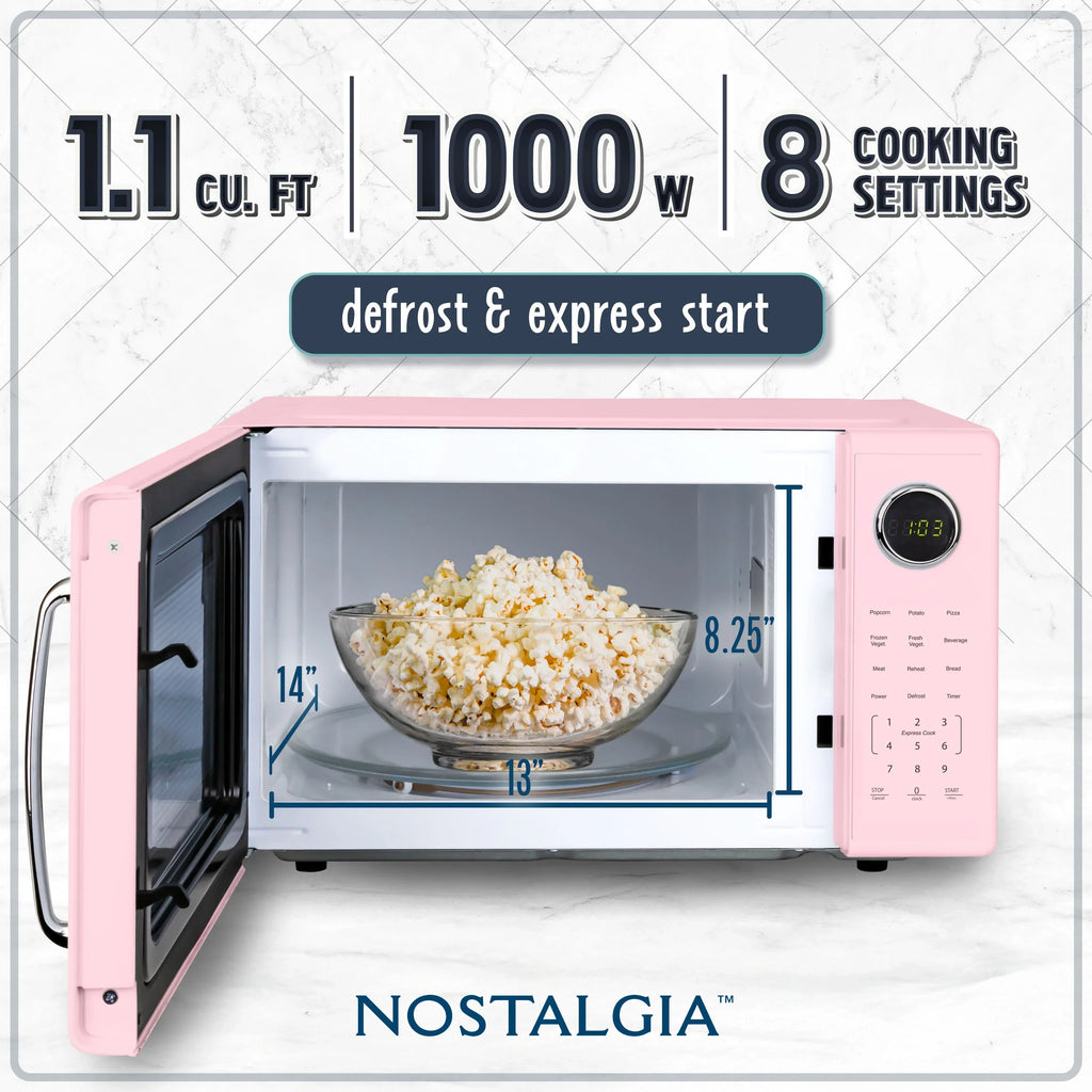 2026 NewNostalgia Retro Microwave Oven - 1.1 Cu Ft & 1000-Watt Countertop Size with Glass Turntable, Child Safety Lock, 8 Auto-Cook Programs & Digital Clock - Black