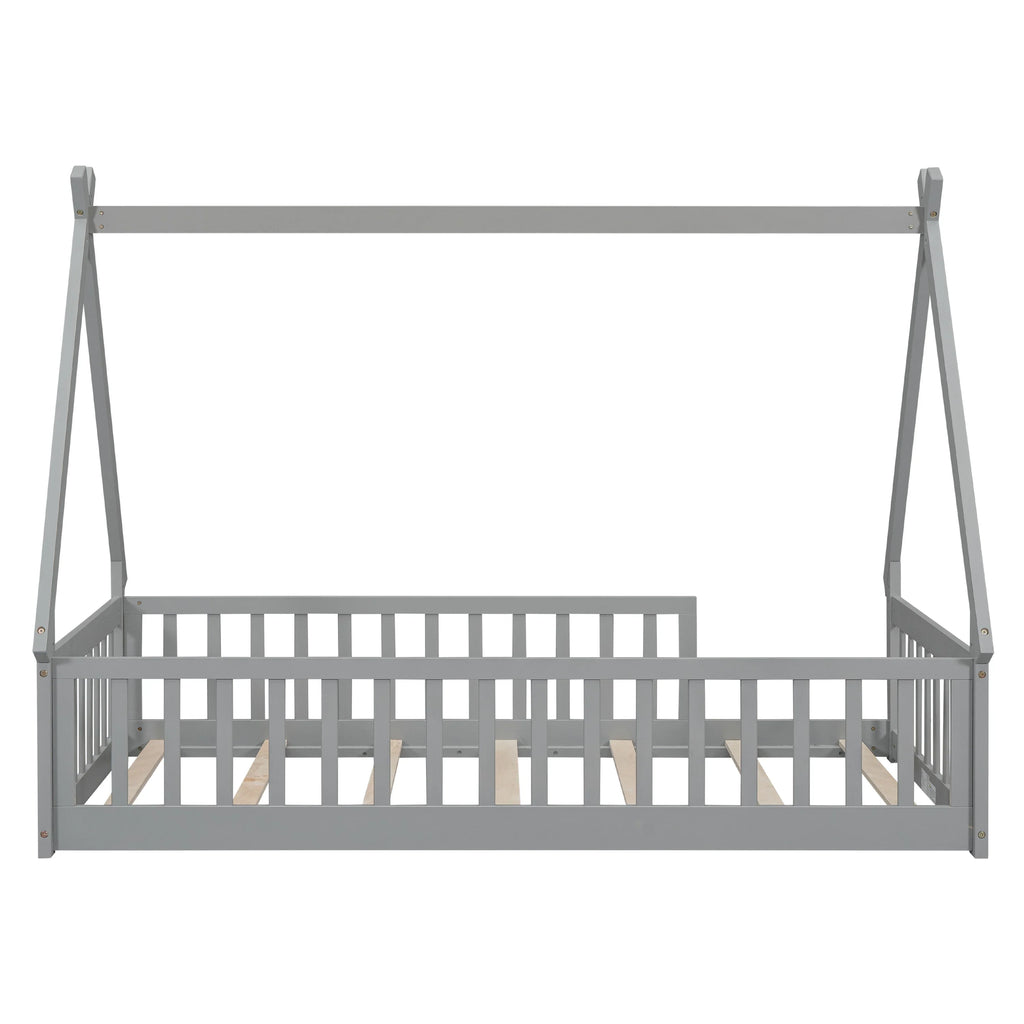 2026 New Full Size House Floor Bed, Wood Montessori Bed Frame with Fence Guardrails, House Beds Frame No Box Spring Needed-Full, Gray)