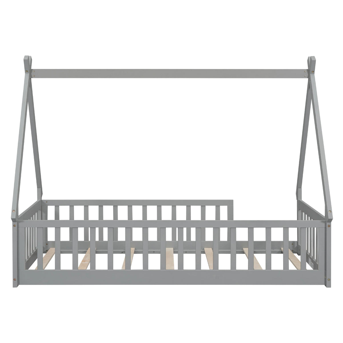 2026 New Full Size House Floor Bed, Wood Montessori Bed Frame with Fence Guardrails, House Beds Frame No Box Spring Needed-Full, Gray)