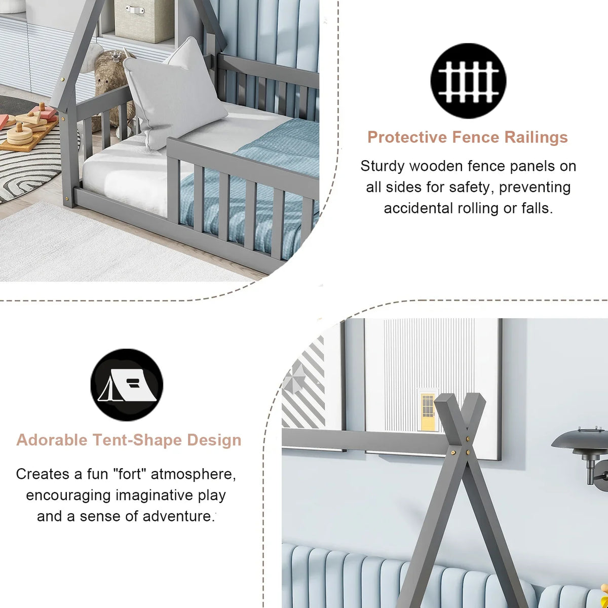 2026 New Full Size House Floor Bed, Wood Montessori Bed Frame with Fence Guardrails, House Beds Frame No Box Spring Needed-Full, Gray)
