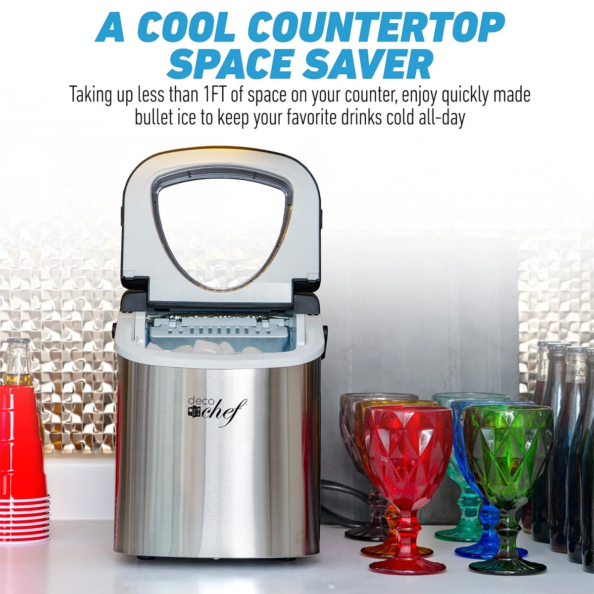 2026 NewDeco Compact Countertop Ice Maker, 26LBs in 24HRs, 9 Bullet Ice Cubes Ready in 6 Minutes, Stainless Steel