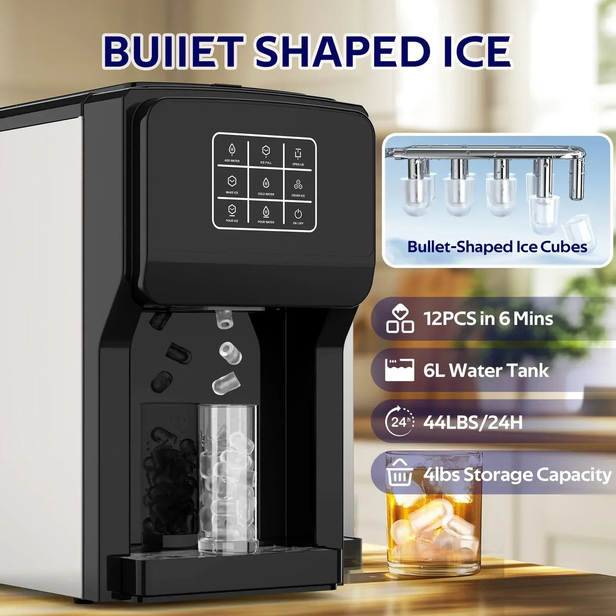 2026 NewAdvwin 3 in 1 Water Dispenser with Ice Maker Countertop, Bullet Ice, Crushed Ice, Water Cooler, 44Lbs/24H, 12 Ice Cube/6Min, Self-cleaning, 4Lbs Ice Storage, Home, Kitchen, Party, RV